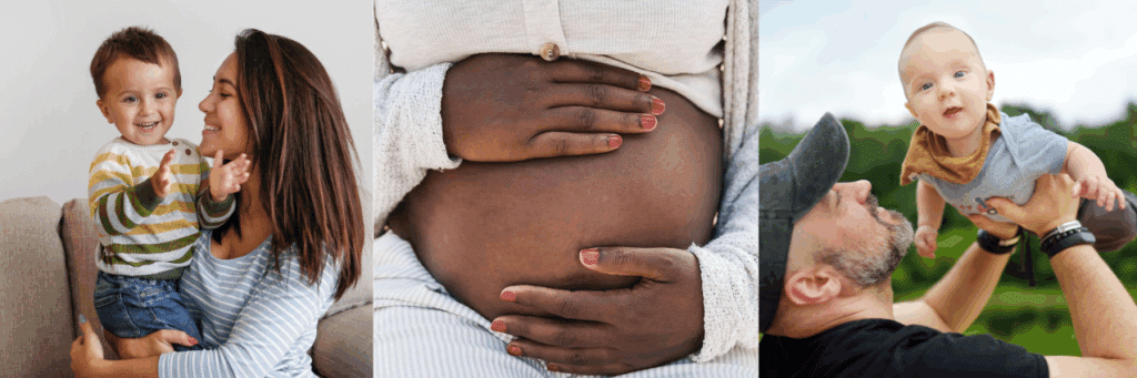 Photo of mother sitting with a child, photo of a pregnant woman, photo of a father holding a child.